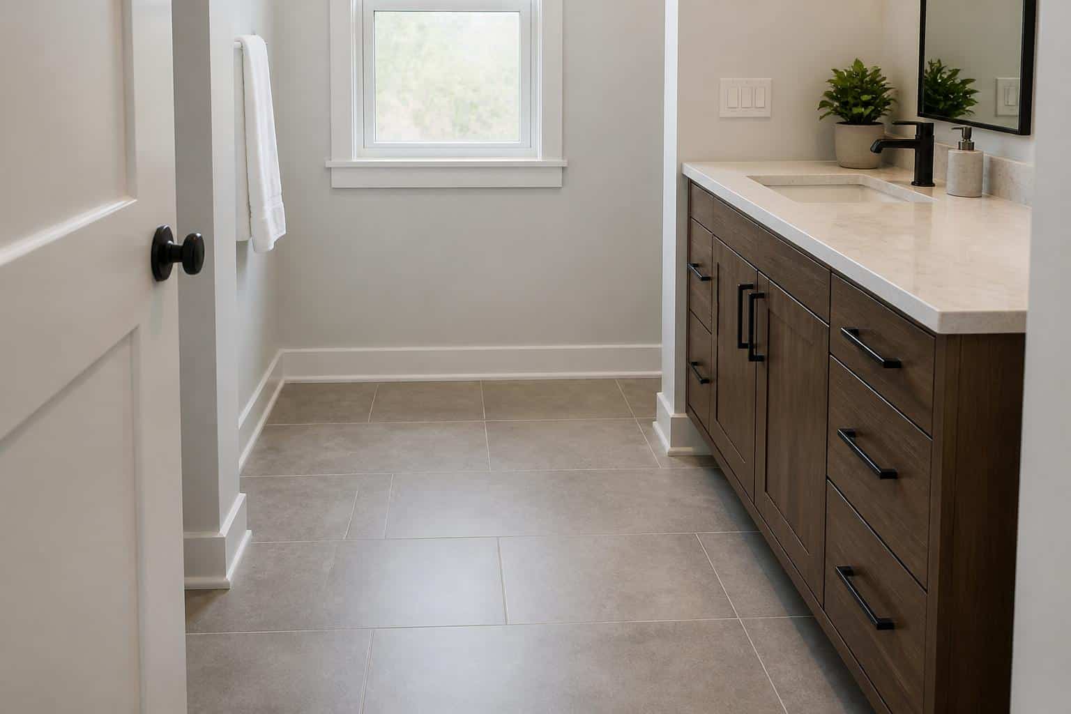 Compact bathroom vanity with shallow depth in a small Florida bathroom