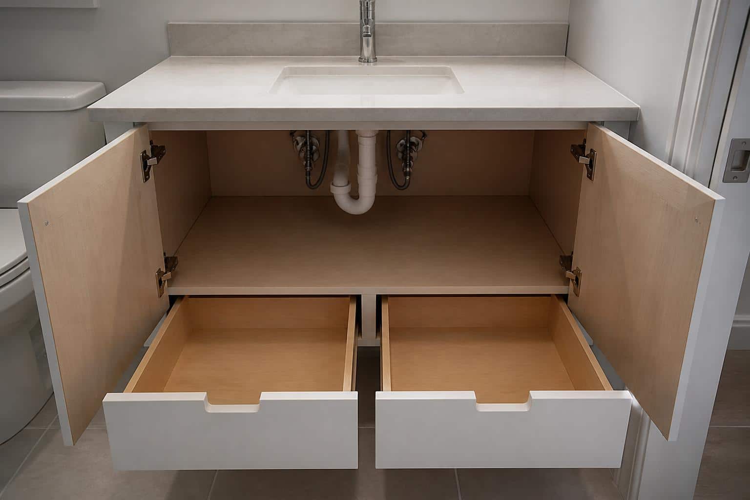 Bathroom vanity drawers open showing storage depth