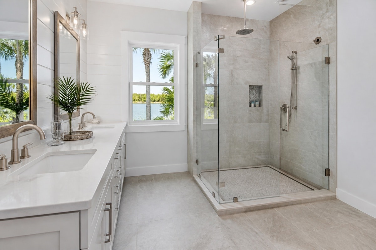 Coastal bathroom with porcelain tile, quartz vanity, and corrosion-resistant fixtures
