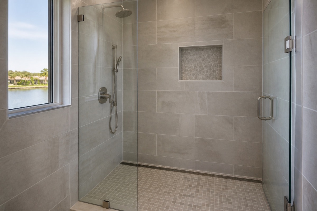 Porcelain-tile walk-in shower with corrosion-resistant fixtures in a coastal bathroom