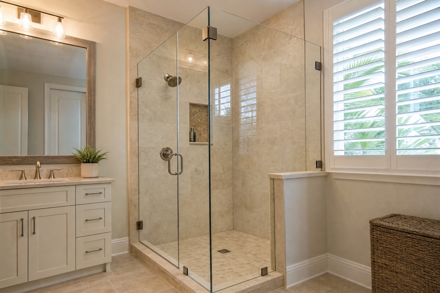 Frameless glass shower enclosure in a finished bathroom