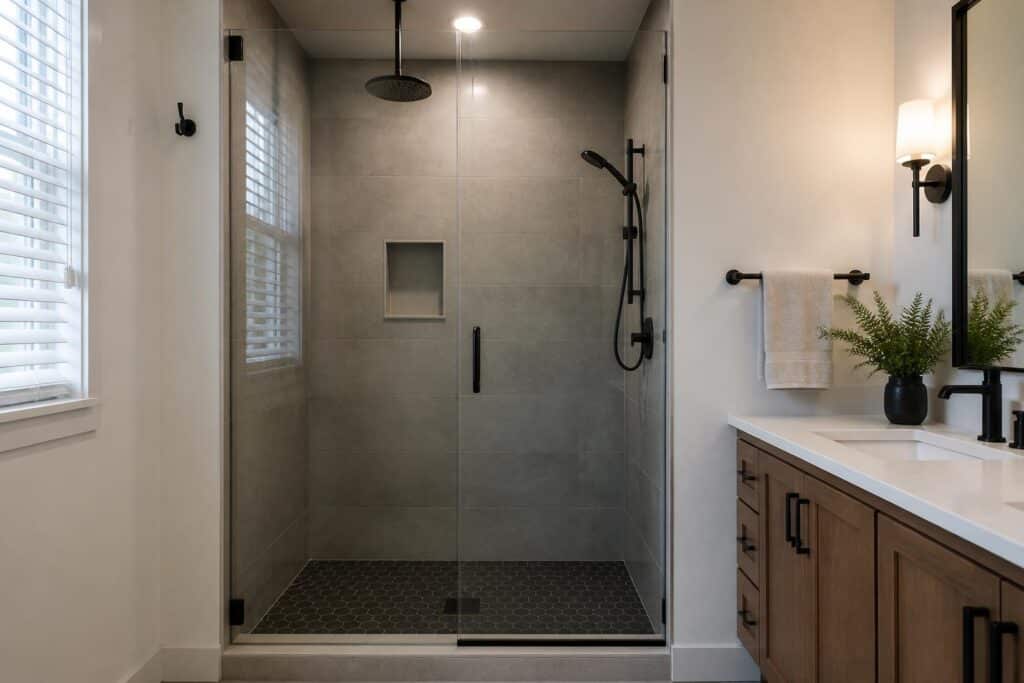 A remodeled shower with both a fixed head and handheld wand