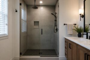 A remodeled shower with both a fixed head and handheld wand