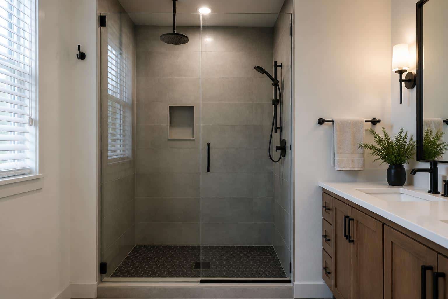 A remodeled shower with both a fixed head and handheld wand