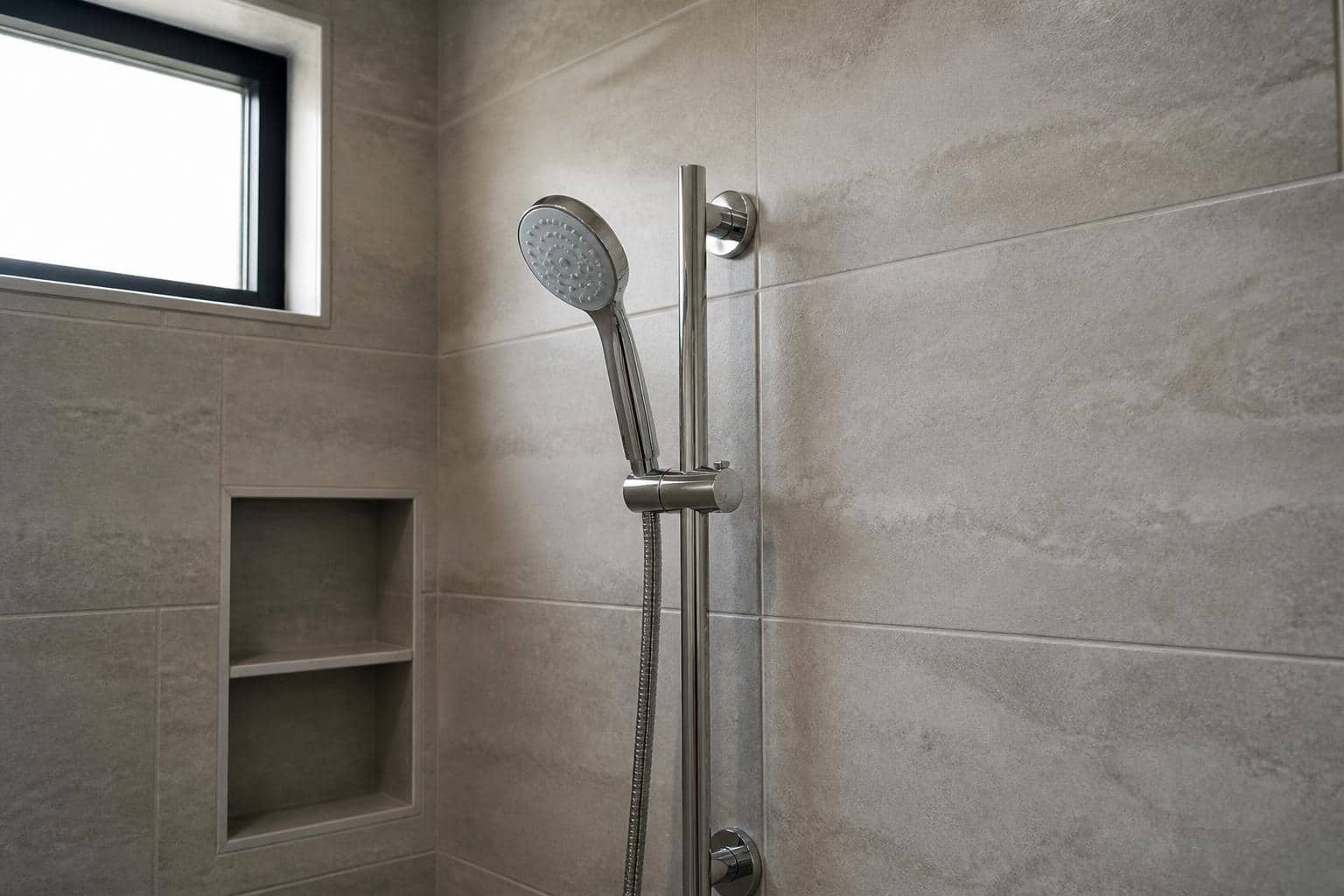 Close view of a handheld shower wand on an adjustable slide bar
