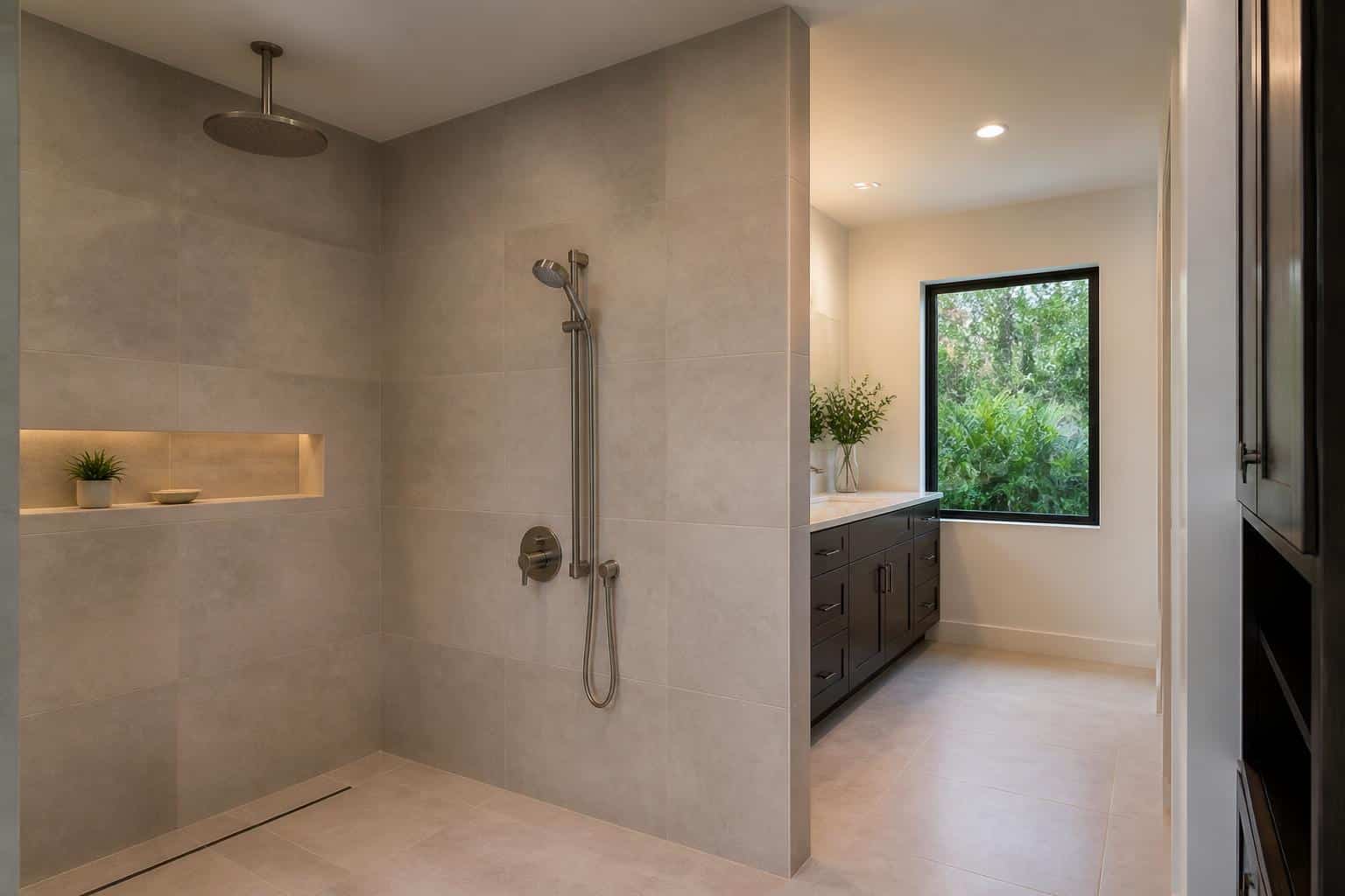 A streamlined fixed rain showerhead over neutral tile