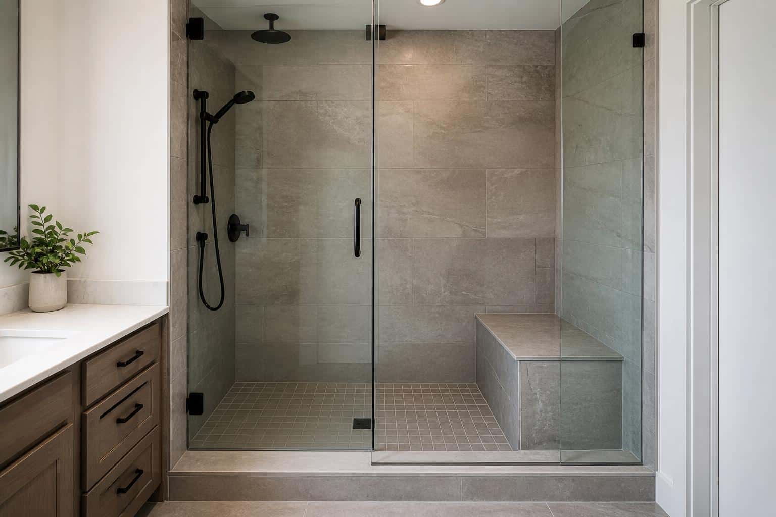 Built-in shower bench positioned within a tiled shower