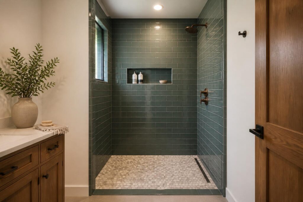A tiled walk-in shower with controls positioned near the entrance