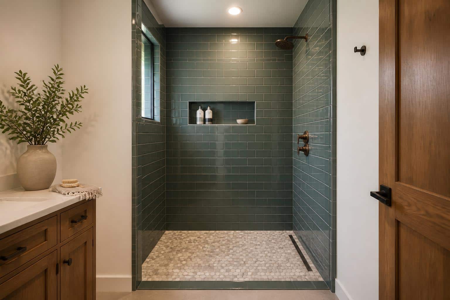 A tiled walk-in shower with controls positioned near the entrance