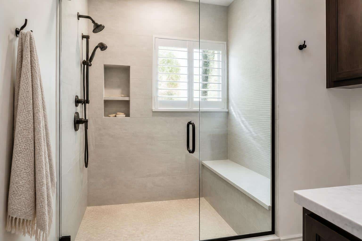 A finished walk-in shower with entry-side controls and a bench