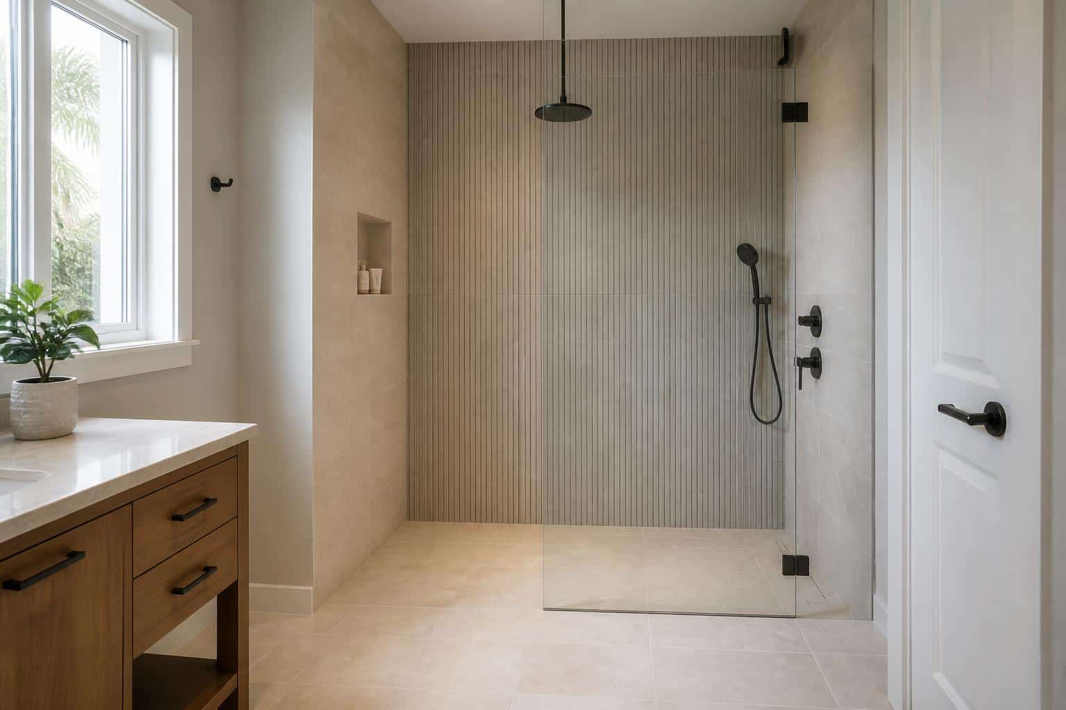 Bathroom shower threshold shown beside a curbless shower entry